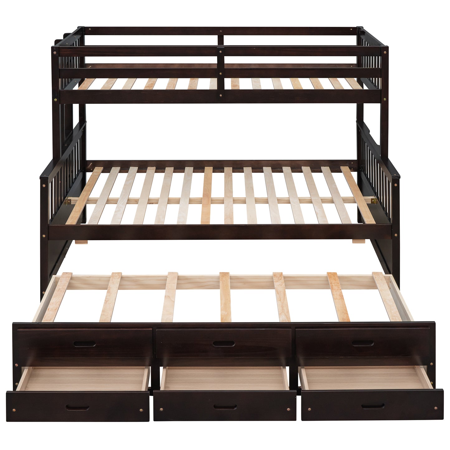 Dark brown wooden triple bunk bed with three drawers