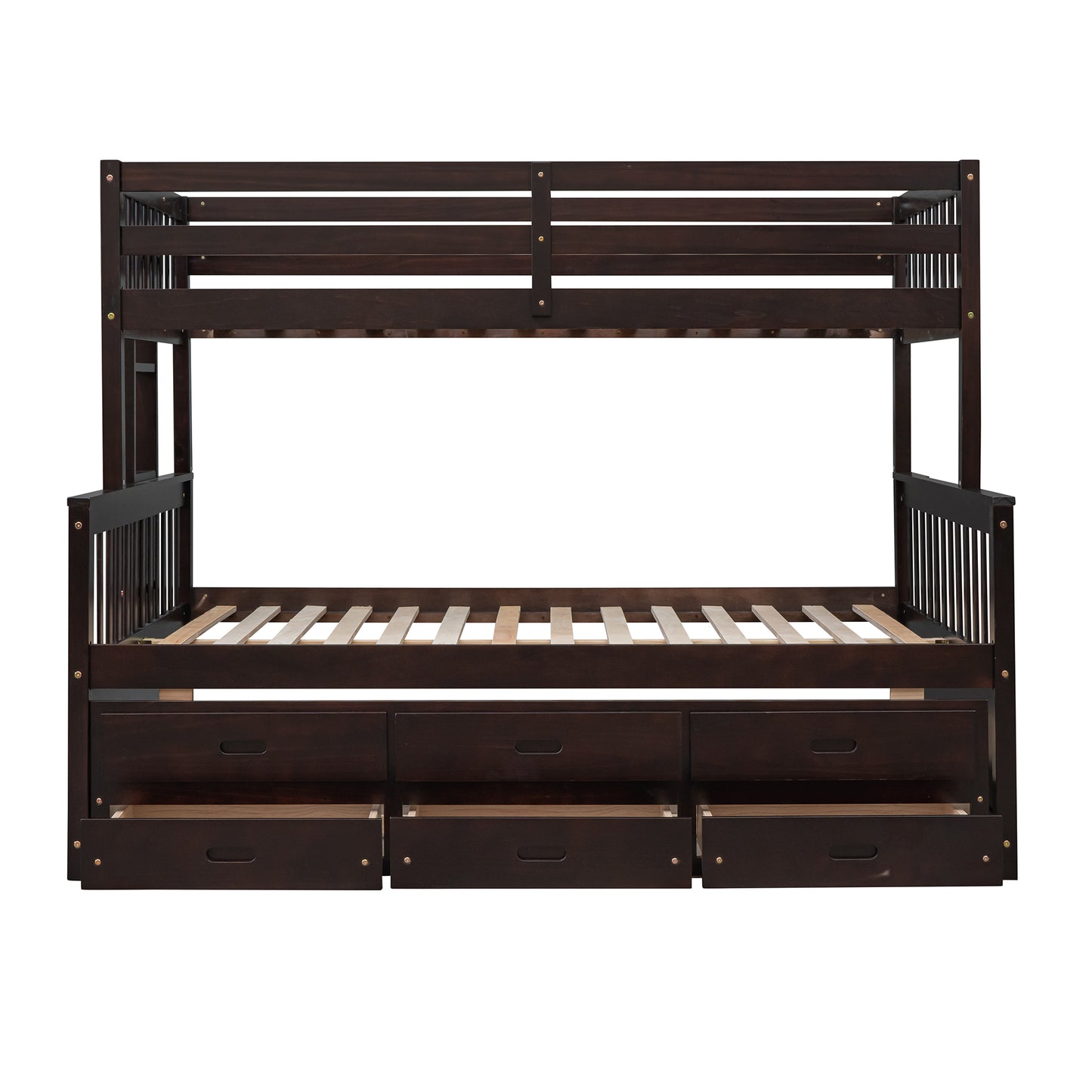 Dark espresso wood twin over twin bunk bed with drawers