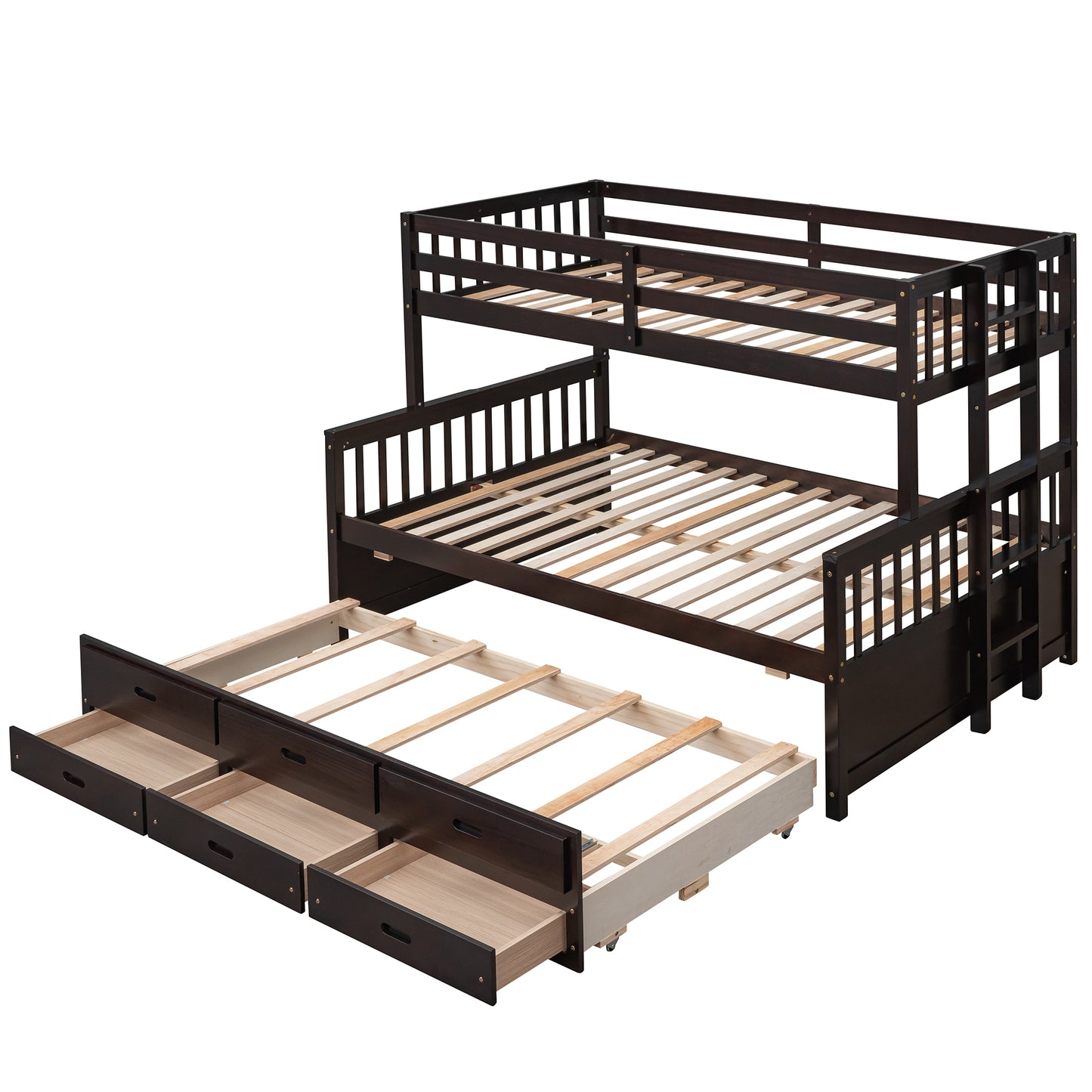 Dark brown wooden triple bunk bed with three drawers pulled out