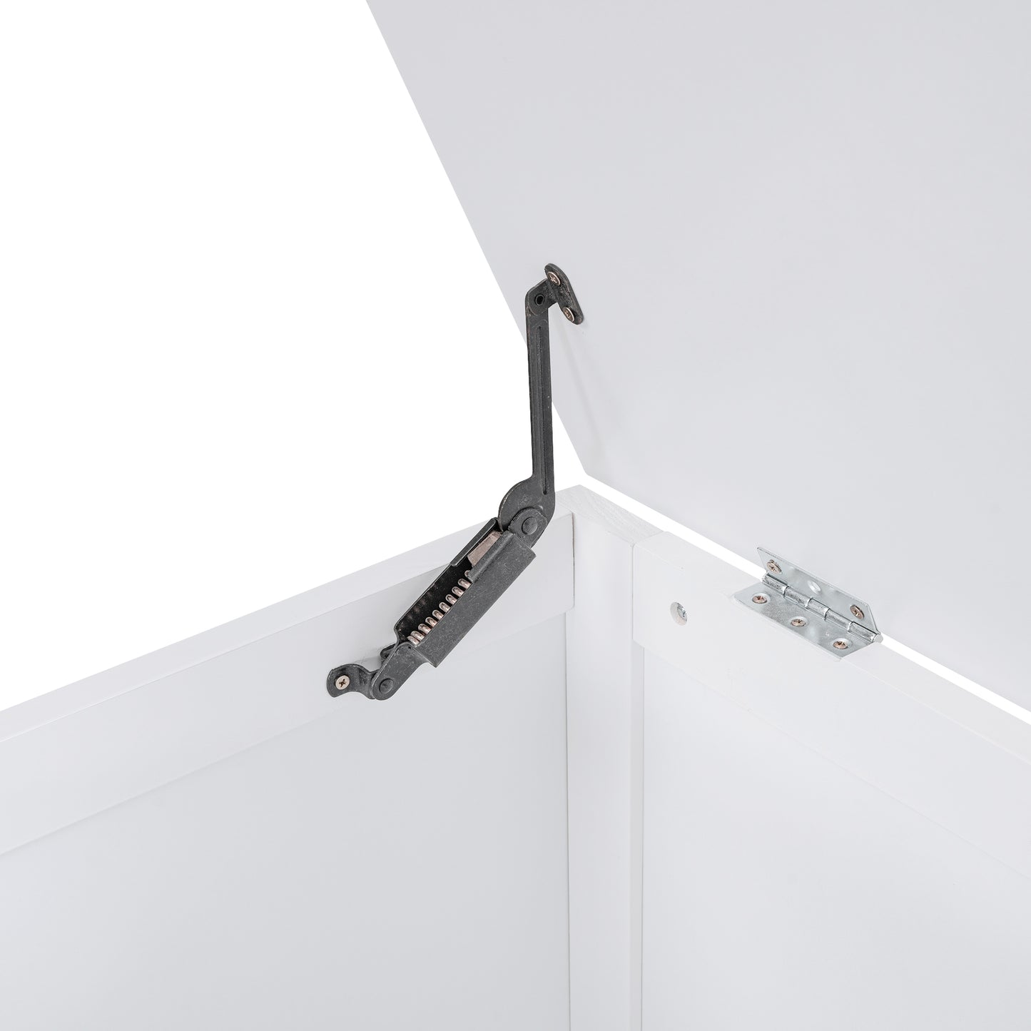 Black metal lid support hinge for white storage chest