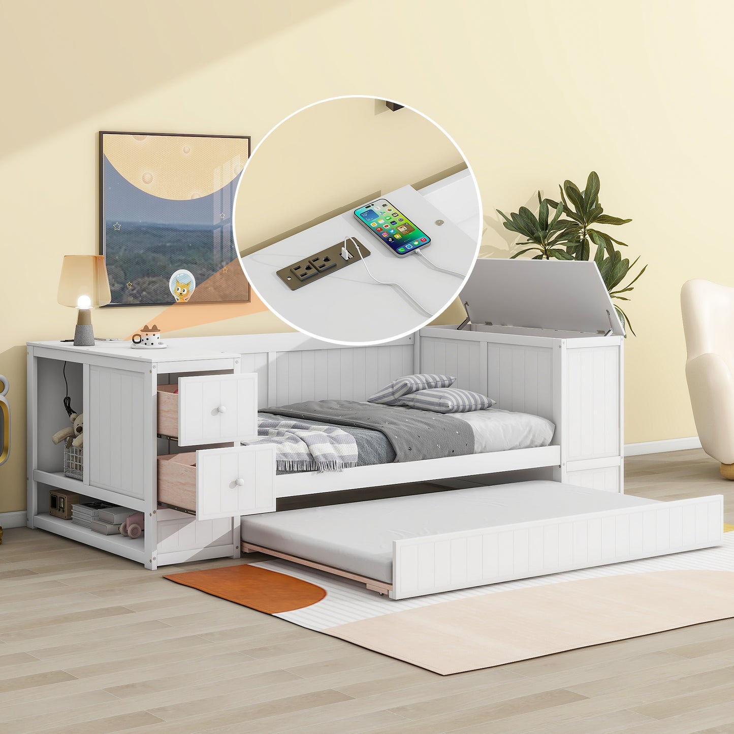 White twin daybed with trundle and builtin charging station for convenient device charging