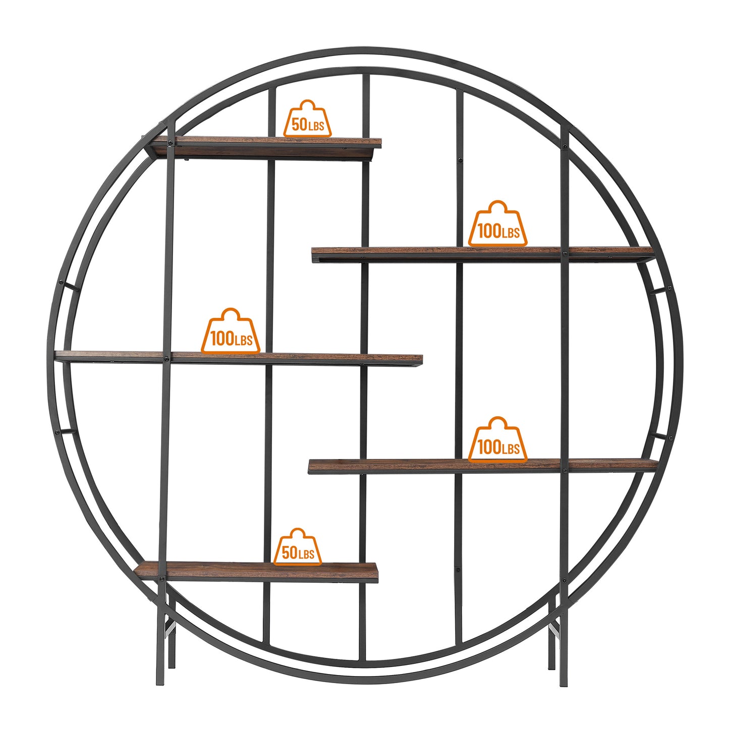 Round metal shelving unit with wooden shelves