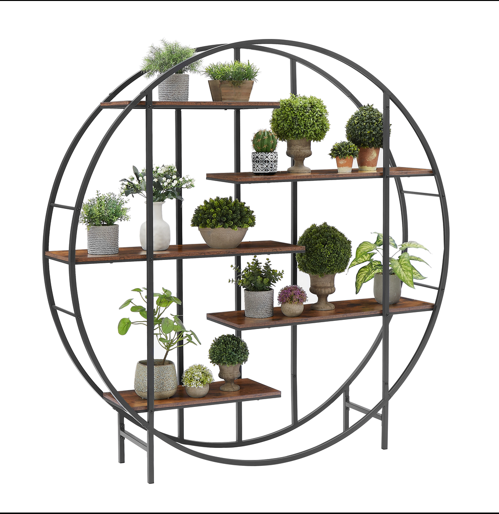 Circular metal plant stand with multiple wood shelves