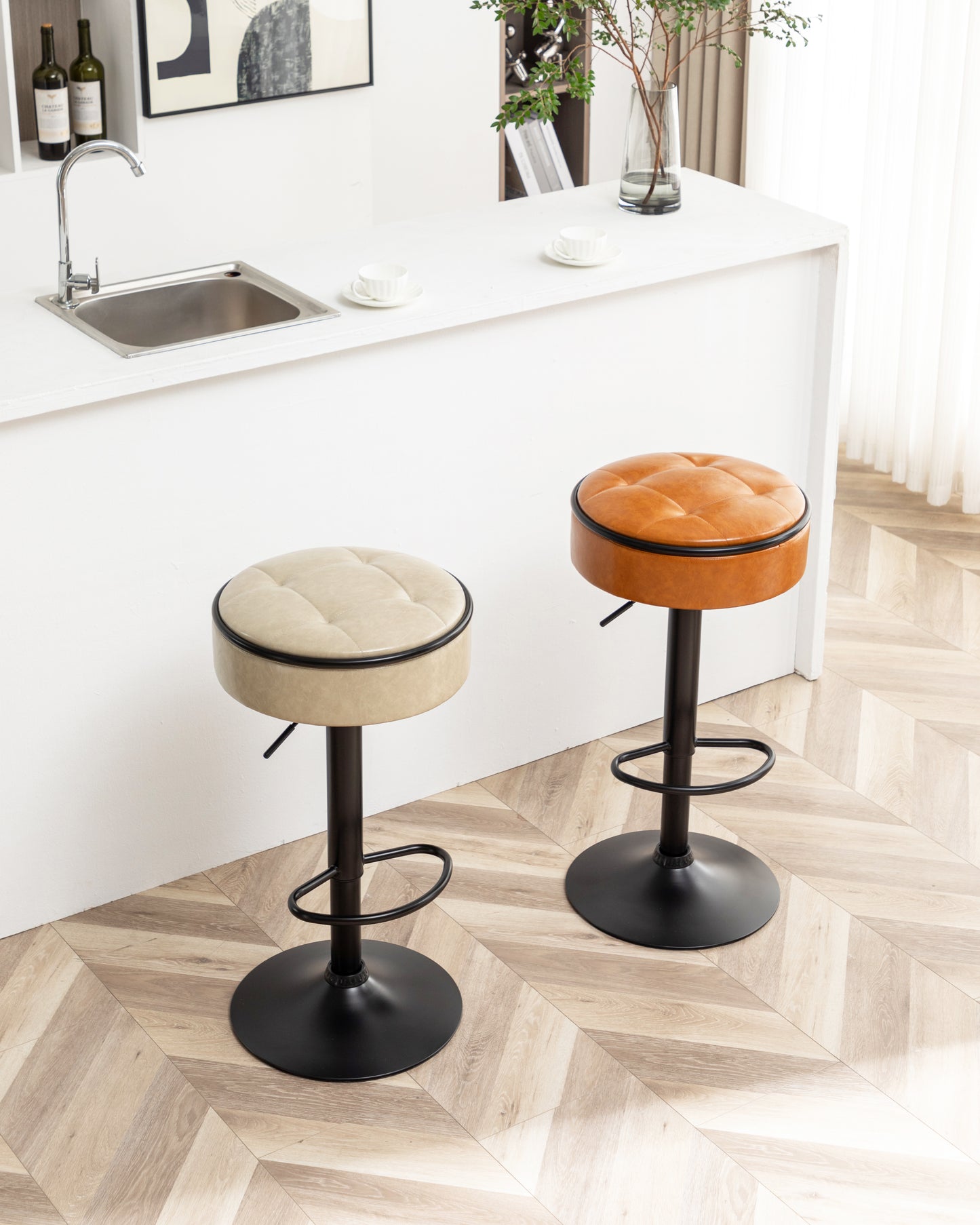 Tan tufted faux leather bar stool with black base