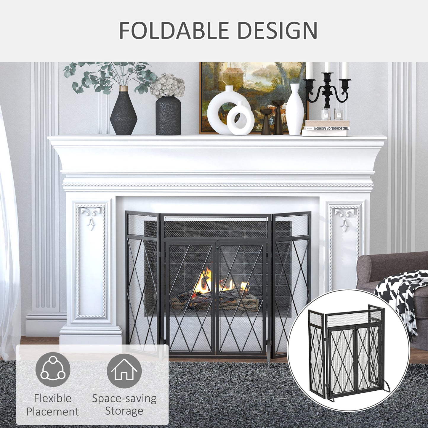 Black metal fireplace screen with diamond mesh panels and a foldable design