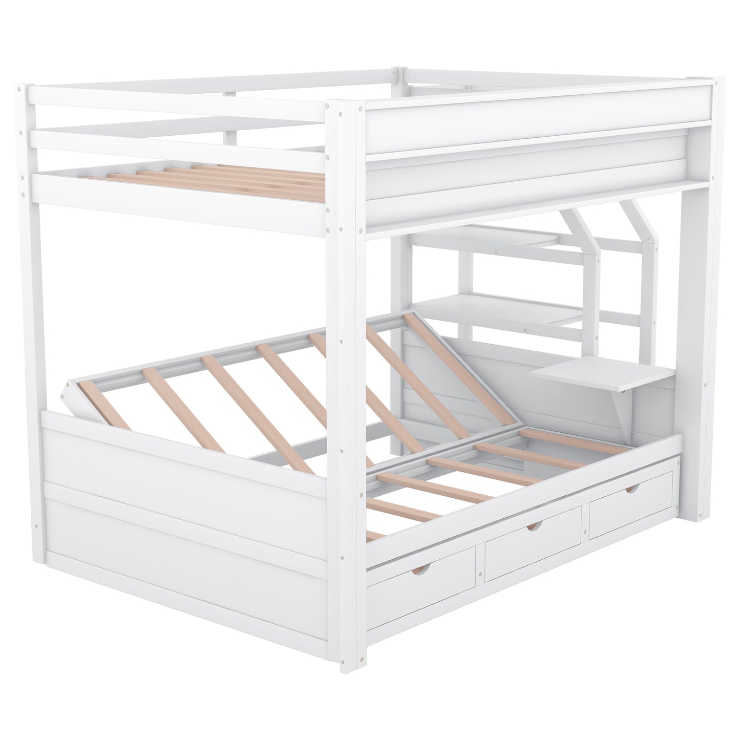 White wooden bunk bed with stairs and builtin storage drawers