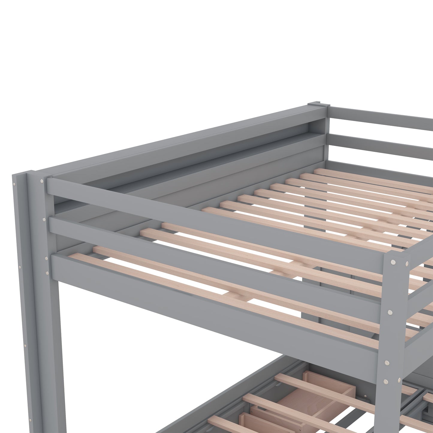 Gray wooden bunk bed frame with slatted mattress supports