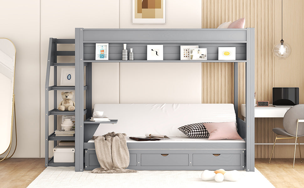 Grey wooden loft bed with integrated sofa and storage drawers