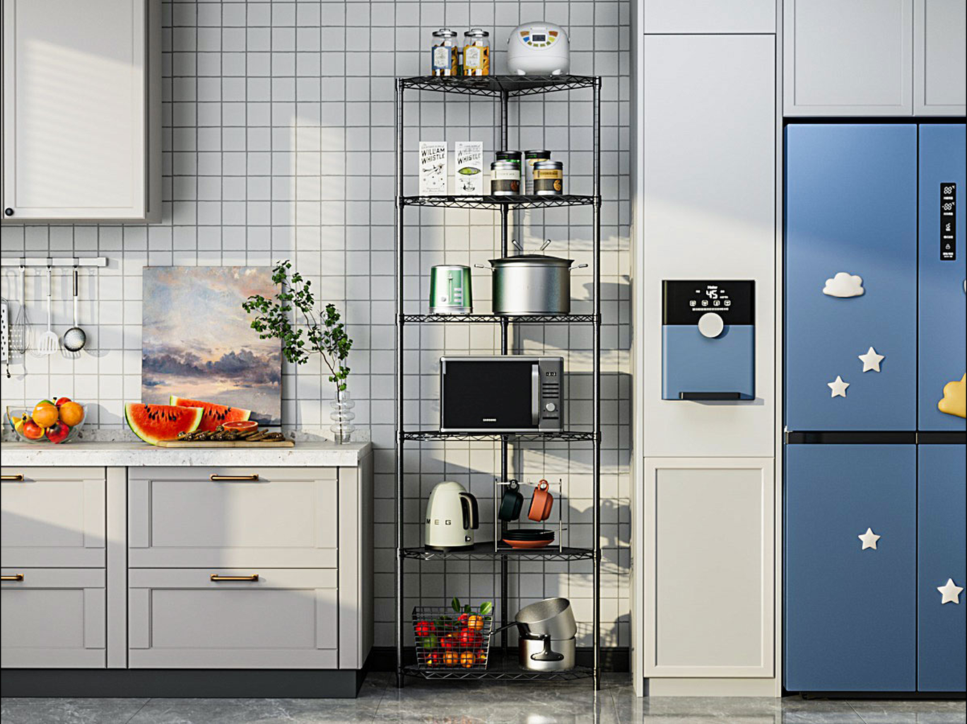Black tier wire shelving unit with kitchen appliances and decor