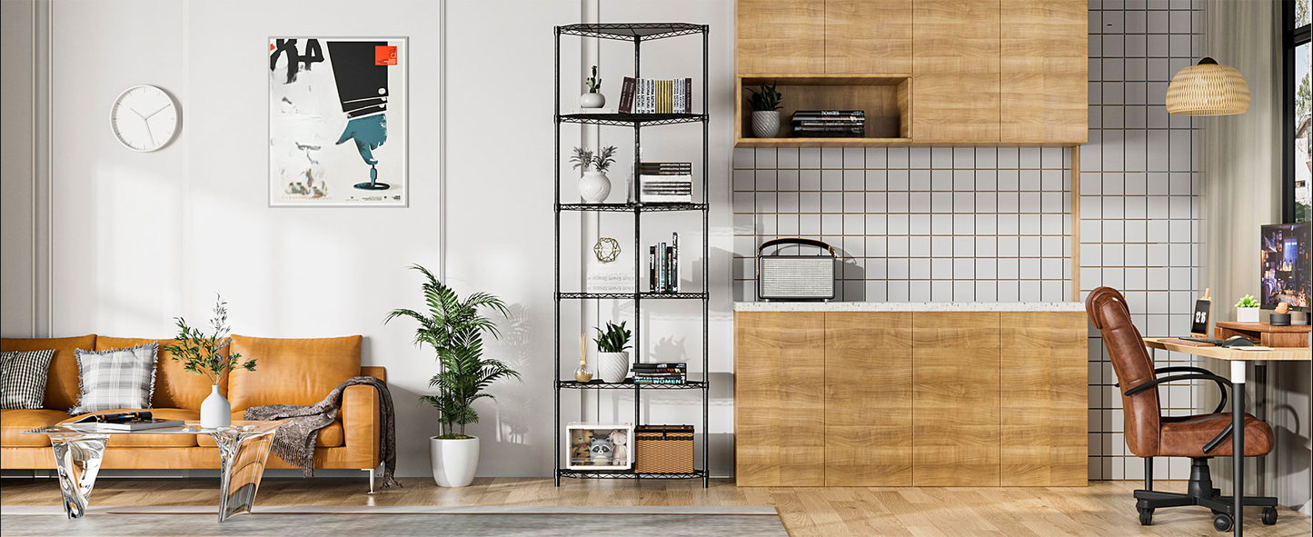 Sleek black metal shelving unit with books and decorative items