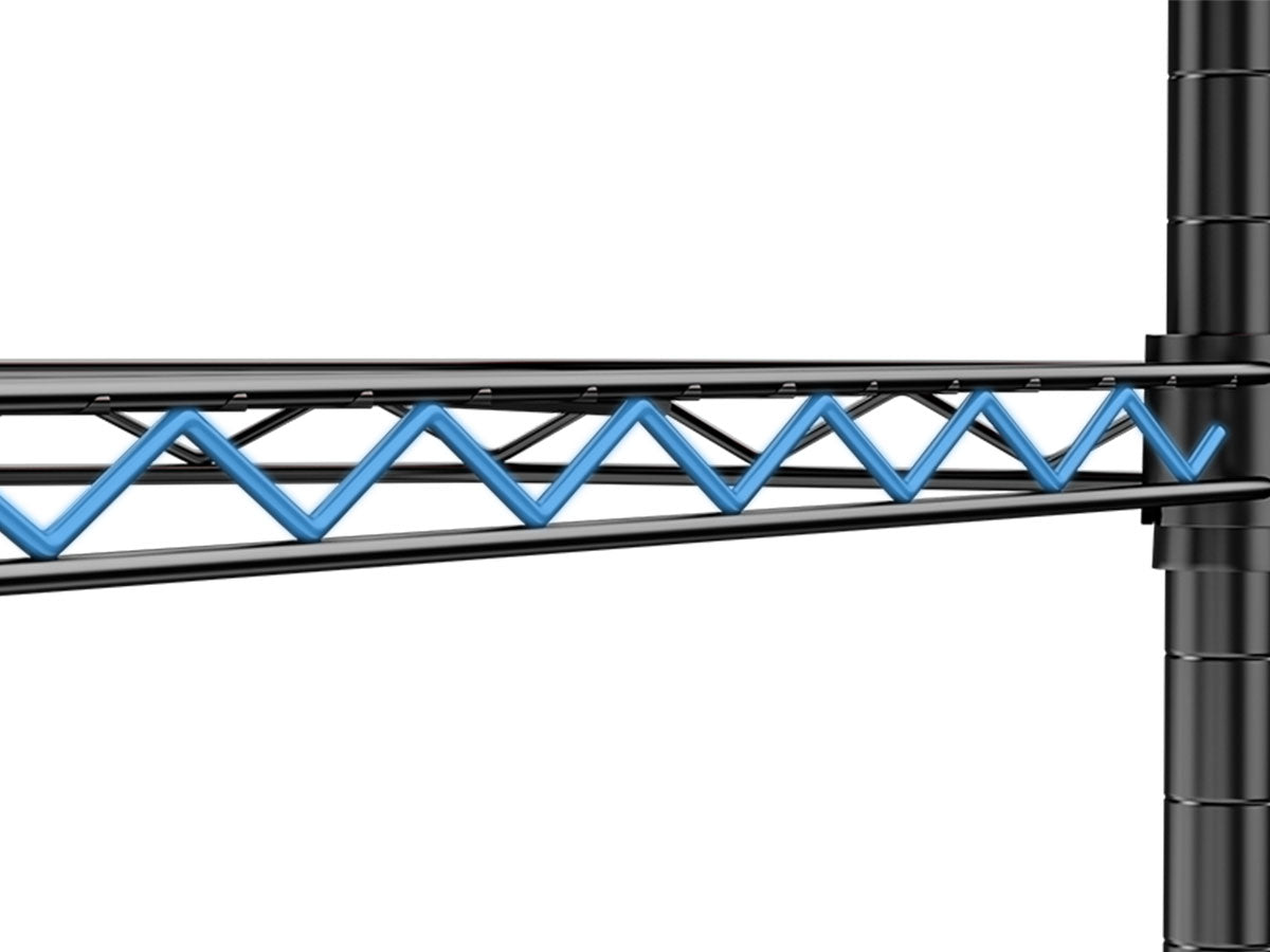 Black wire shelving with blue zigzag shelf supports