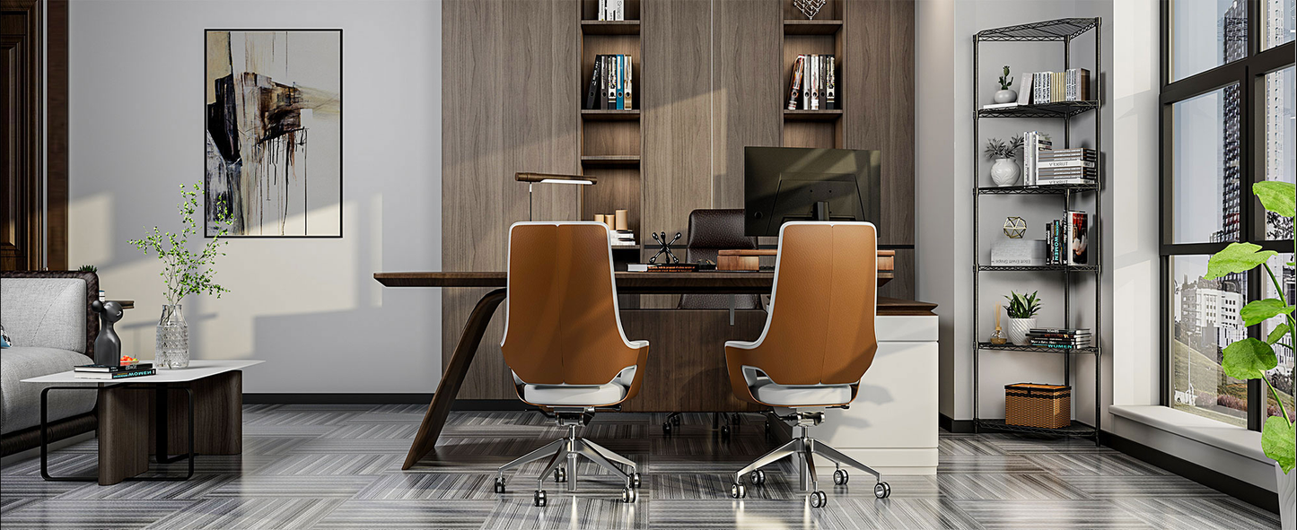 Tan leather office chair with white accents