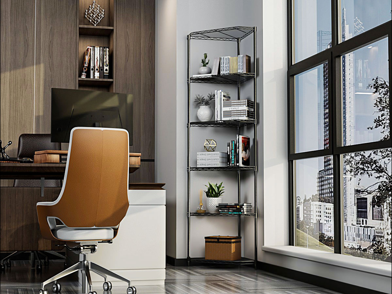 Brown leather office chair with white accents and chrome base