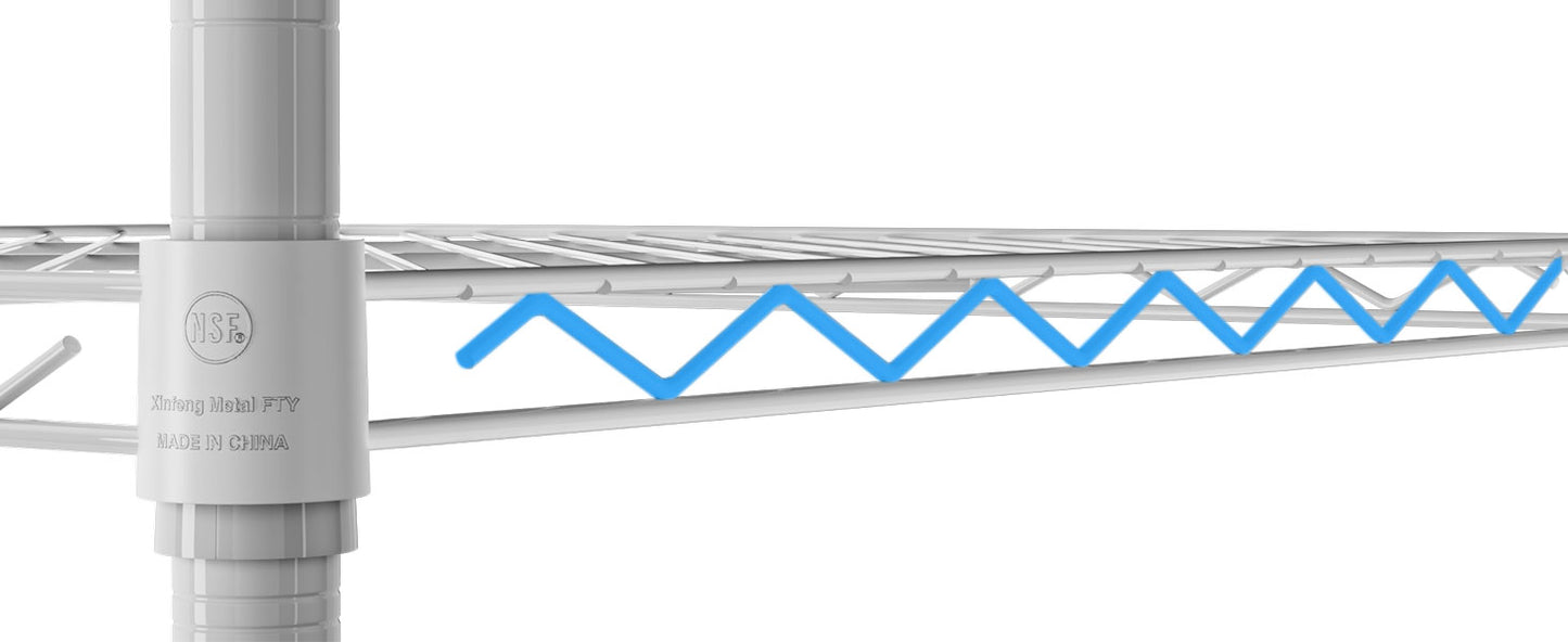 White wire shelving unit corner post with NSF certification and blue zigzag accent
