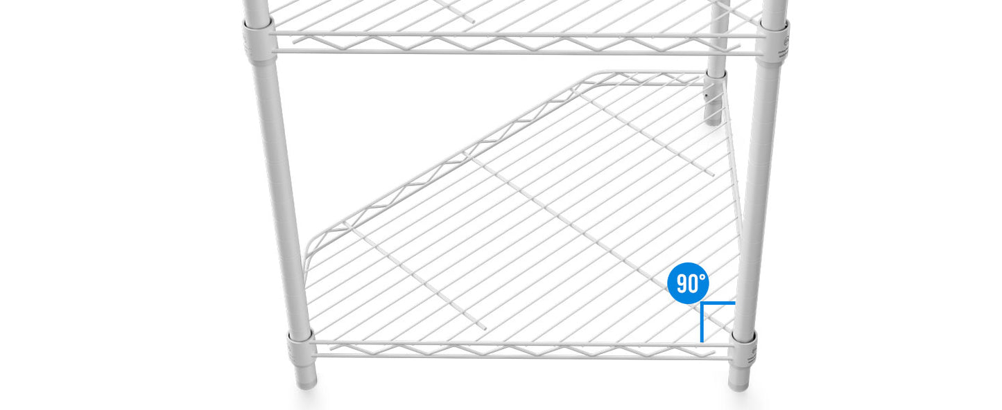 White wire shelving unit with corner shelf detail