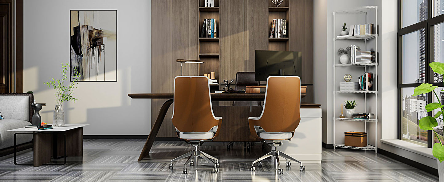 Ergonomic office chair with brown leather and white accents ideal for executive desks