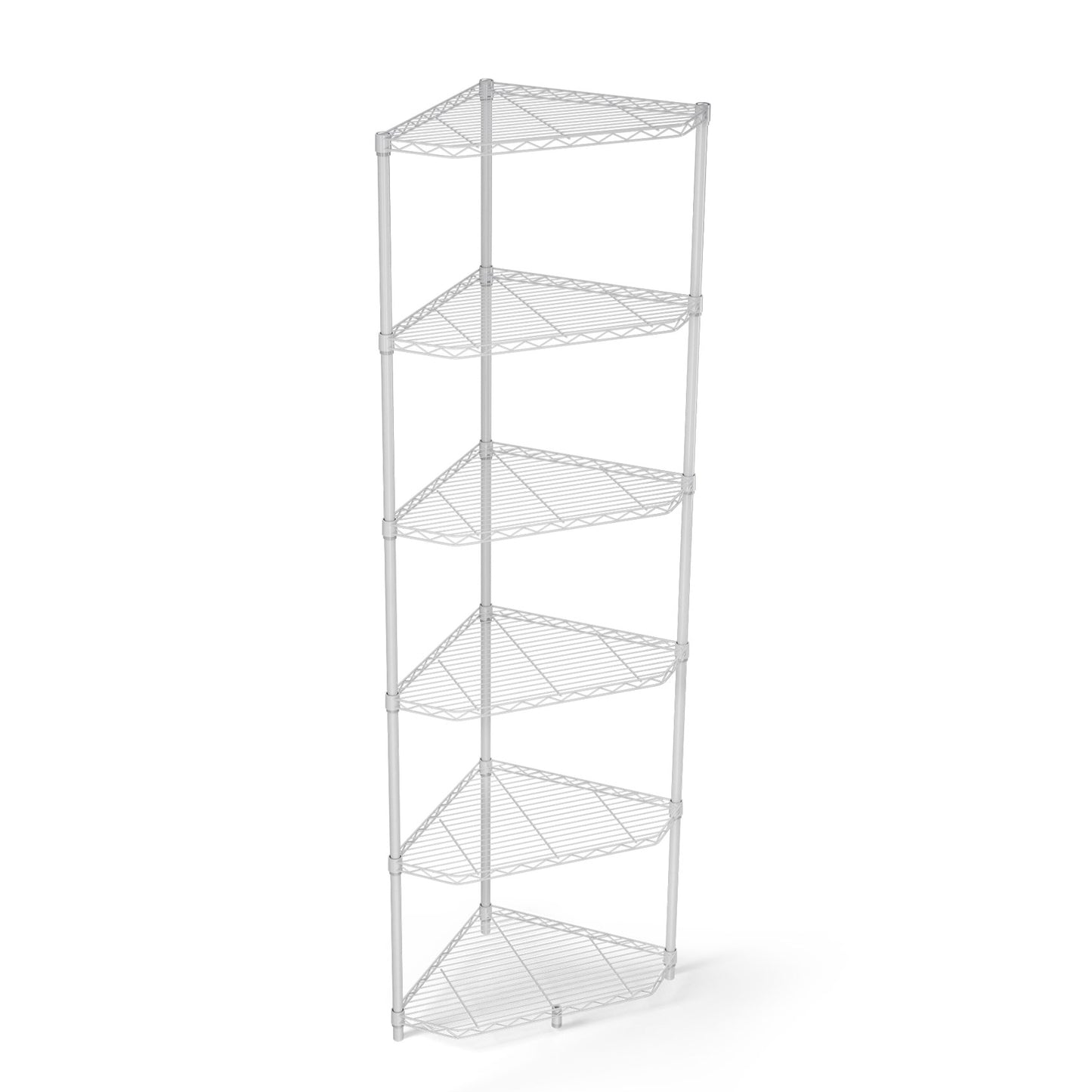 White tier metal corner shelf unit with wire mesh shelves