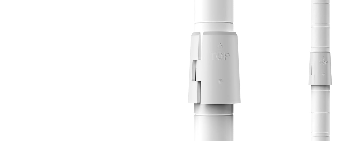 White plastic shelf connector with TOP indicator for industrial shelving