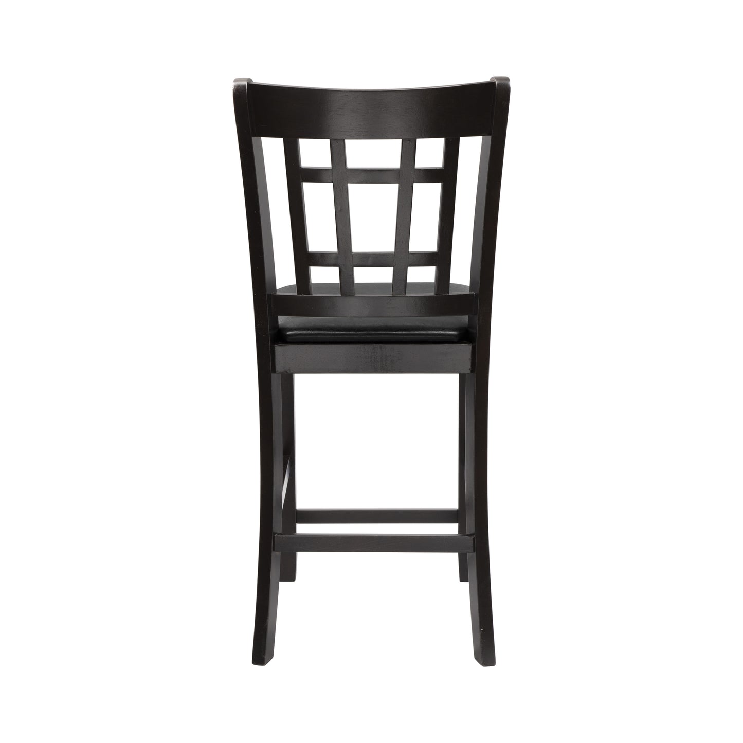 Dark brown wooden bar stool with a lattice back and black upholstered seat