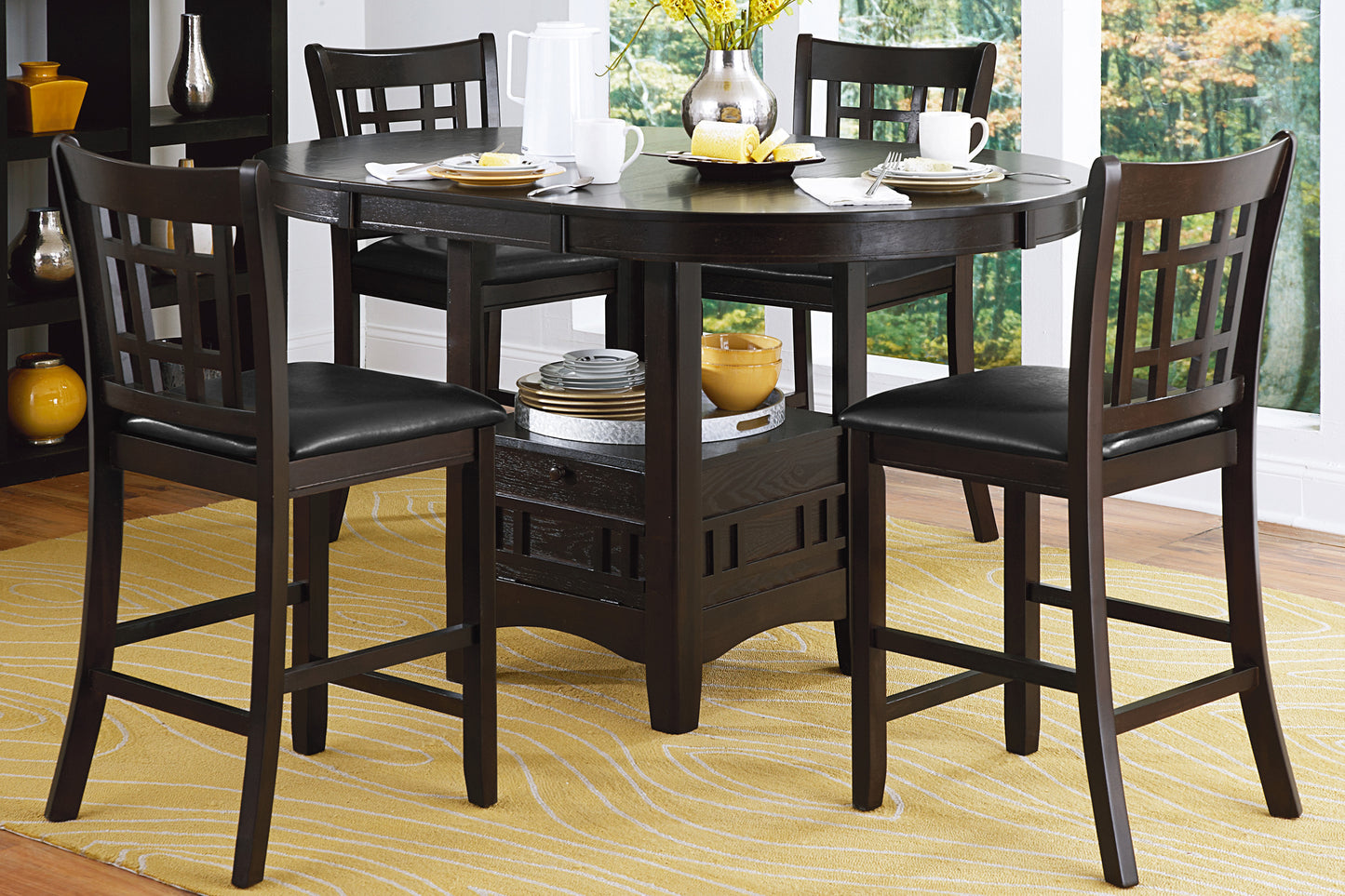 Dark wood counter height dining set with four upholstered chairs and round table