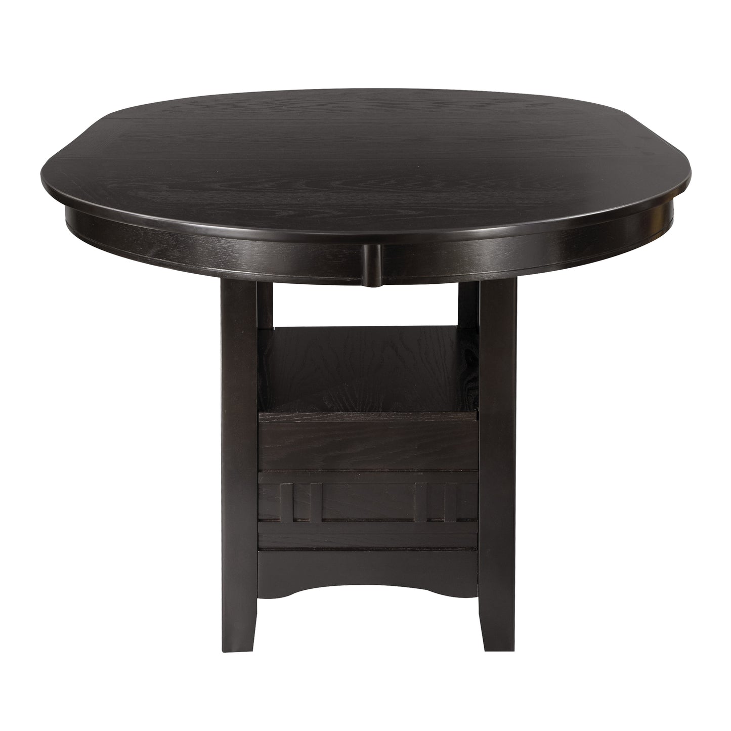 Dark brown round dining table with storage shelf