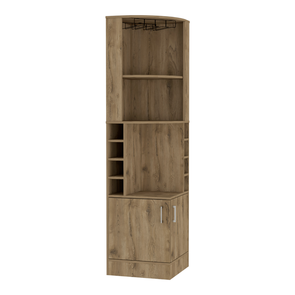 Tall woodgrain bar cabinet with wine glass rack and wine bottle shelves