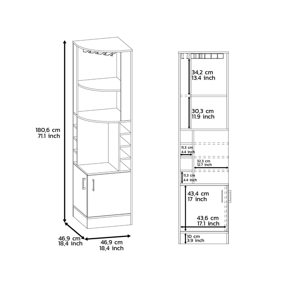 Corner bar cabinet with wine glass rack and shelves
