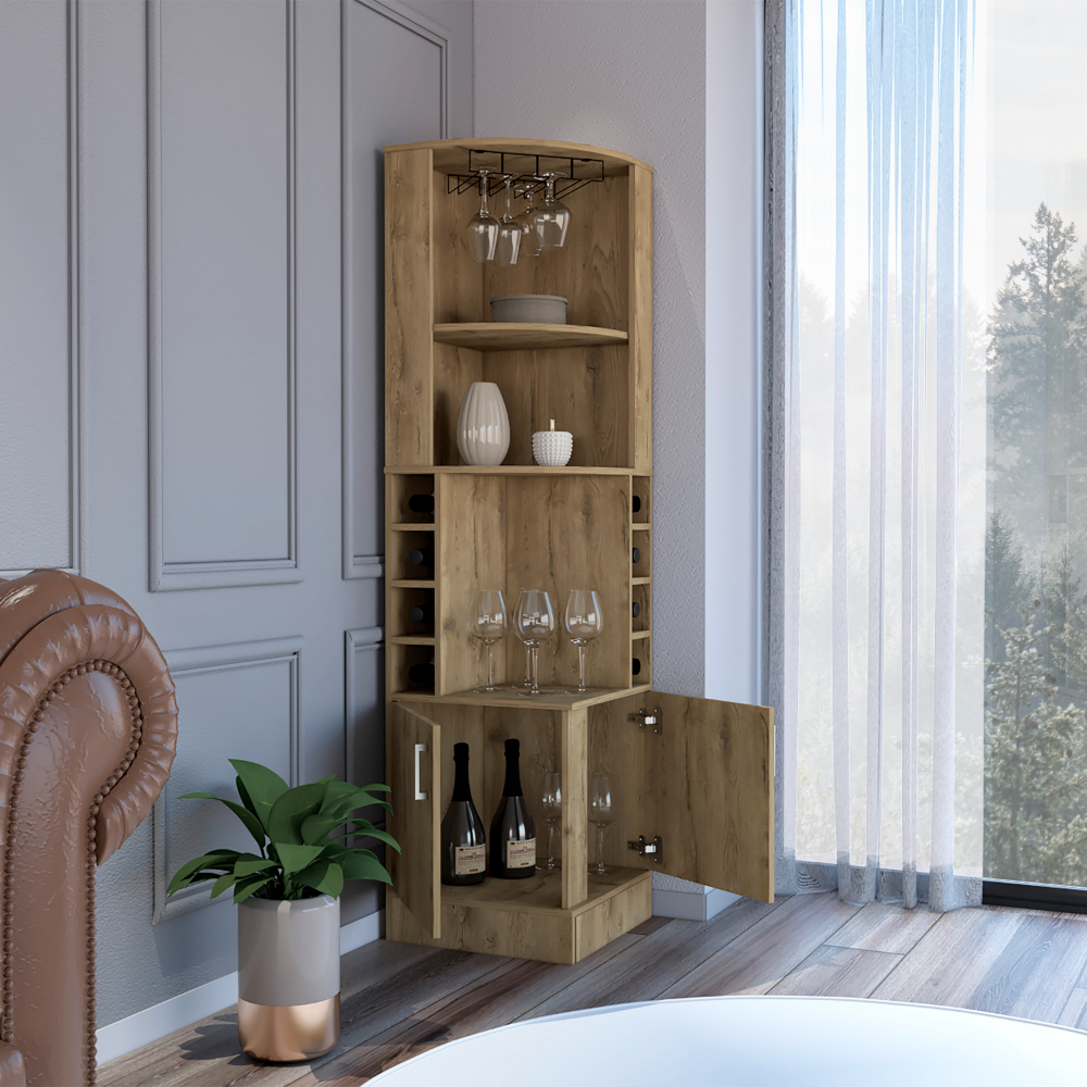 Rustic oak corner bar cabinet with wine racks and glass holders