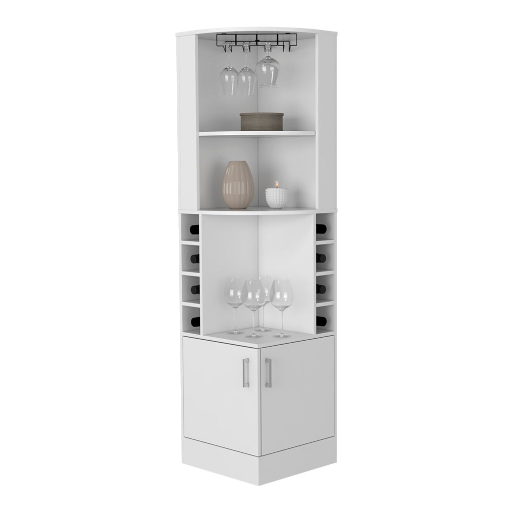 White corner bar cabinet with wine rack and glass holders