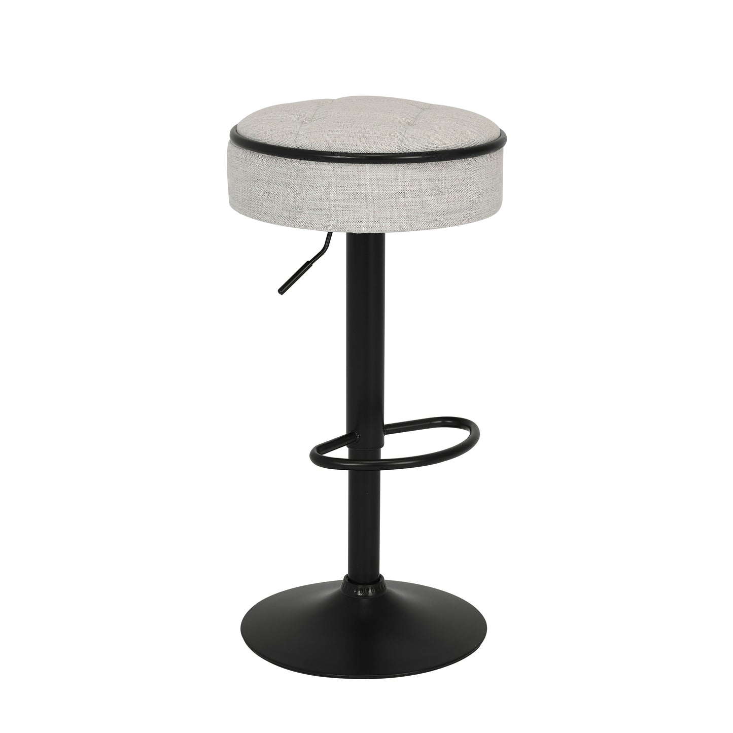 Adjustable height bar stool with light grey textured seat and black metal base
