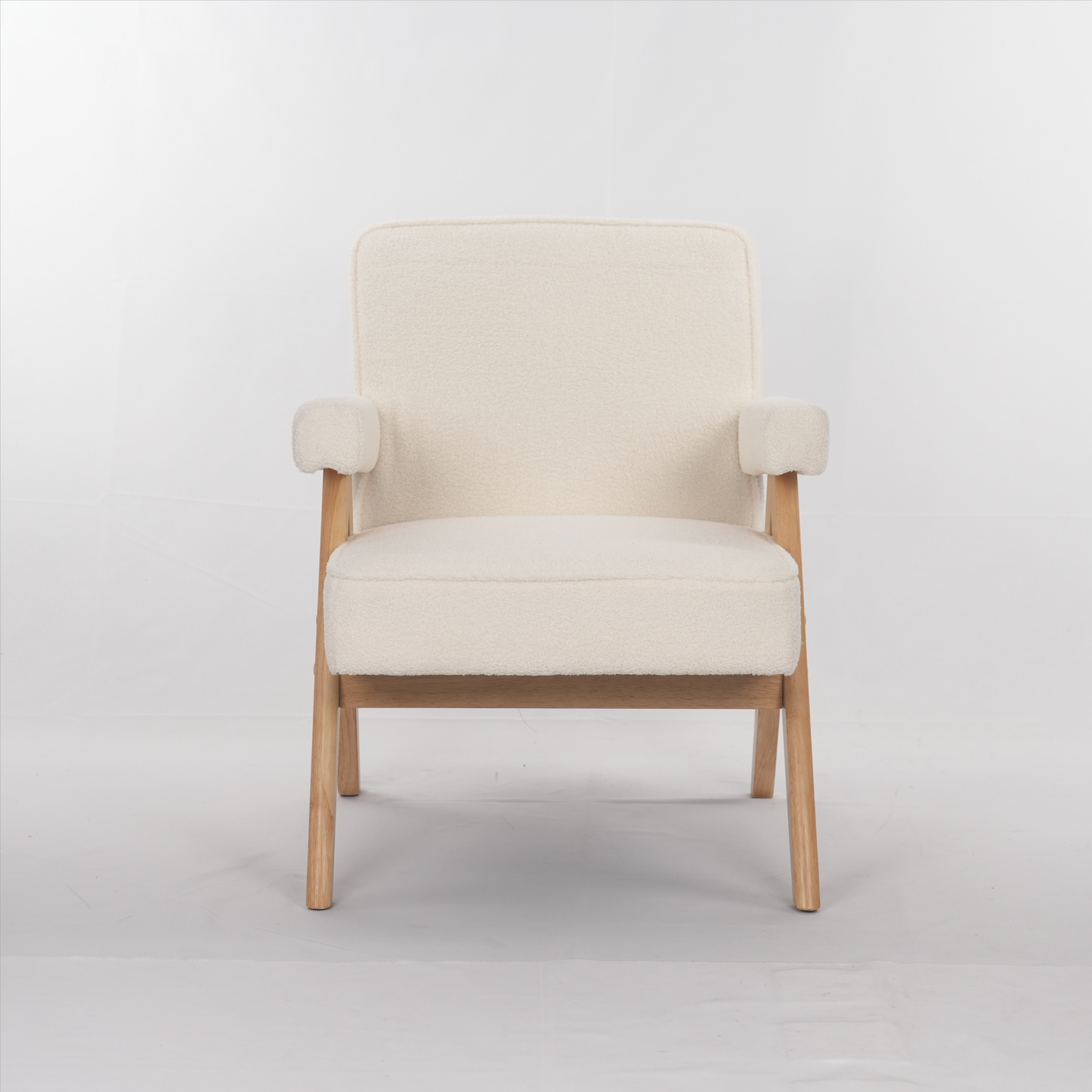 Cream boucle accent chair with natural wood frame