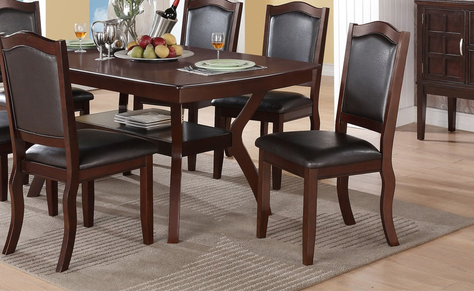 Dark cherry dining chair with faux leather seat and back