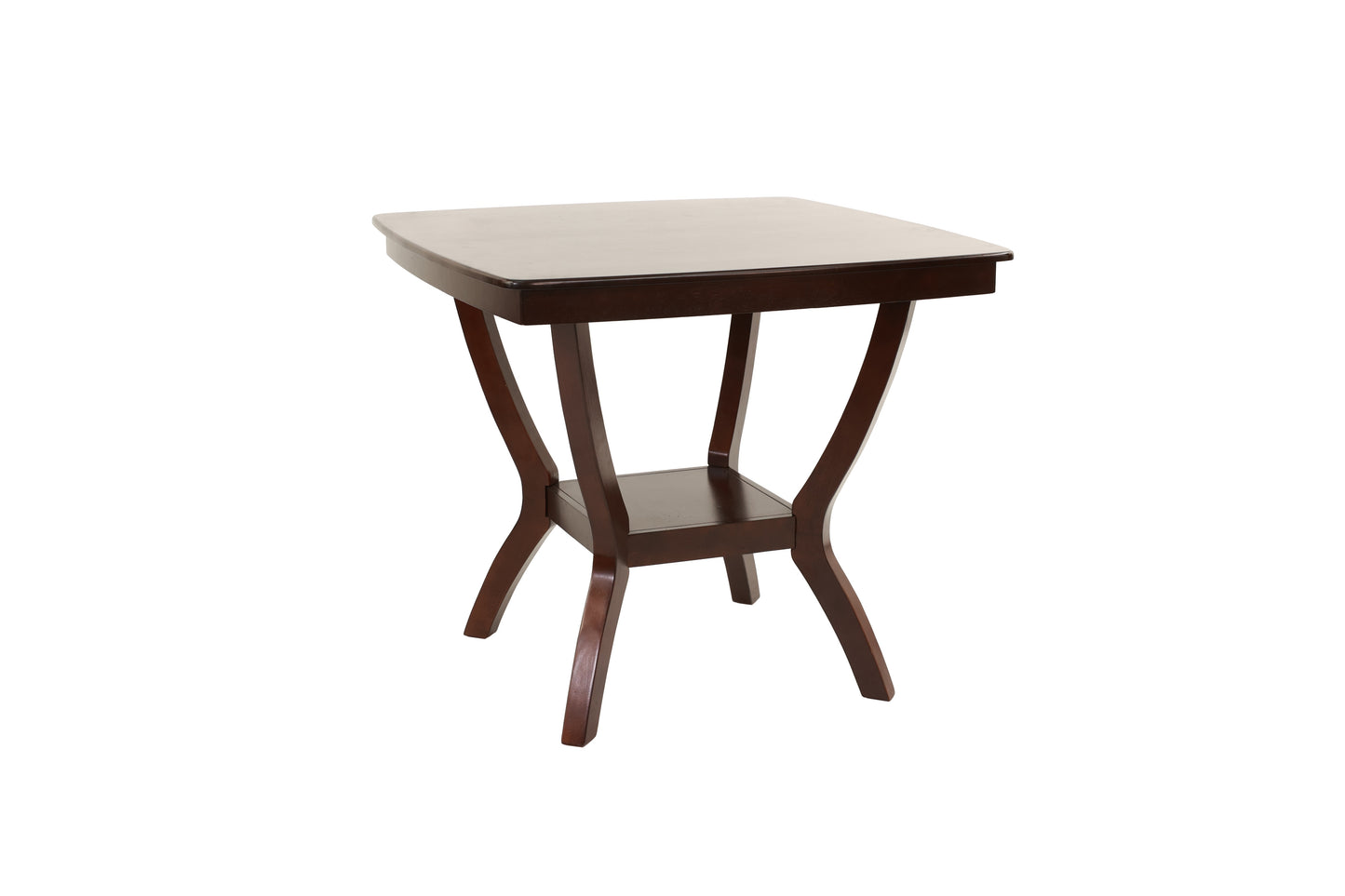 Dark brown wooden end table with curved legs and a lower shelf