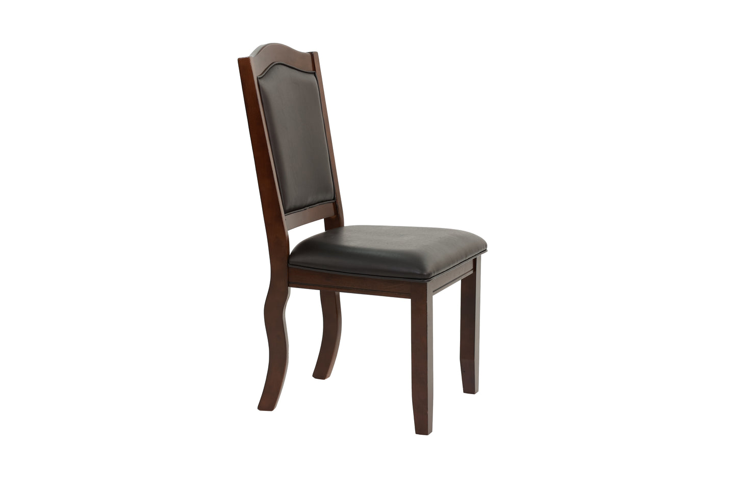 Dark brown upholstered dining chair with curved wooden legs and back