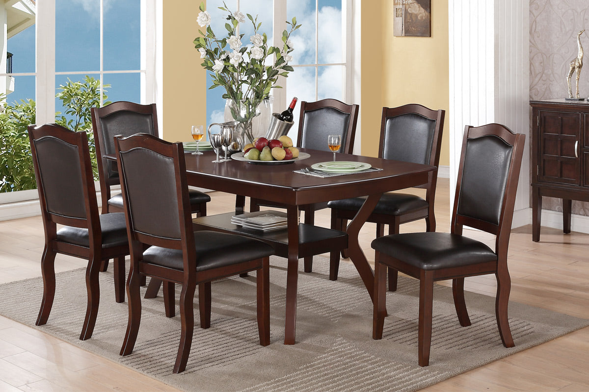 Dark cherry wood dining table with six faux leather chairs