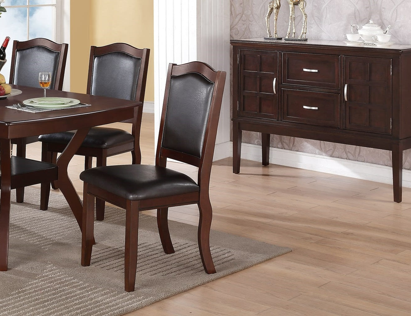 Elegant wooden dining chair with dark brown leather seat and backrest