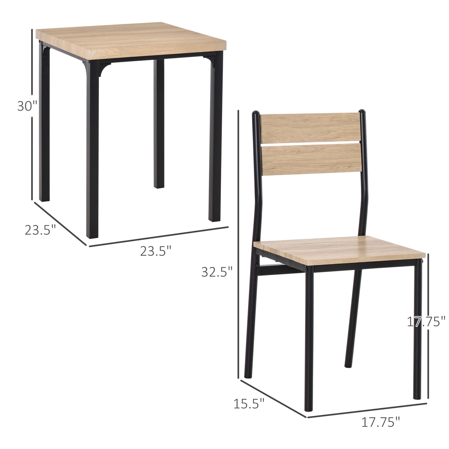 Modern dining table and chair set with light oak wood tops and black metal frames