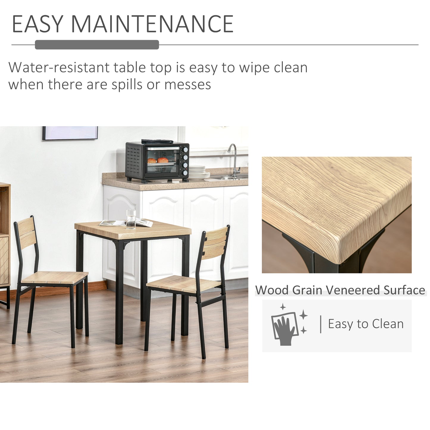 Square dining table with wood grain veneer and black metal legs