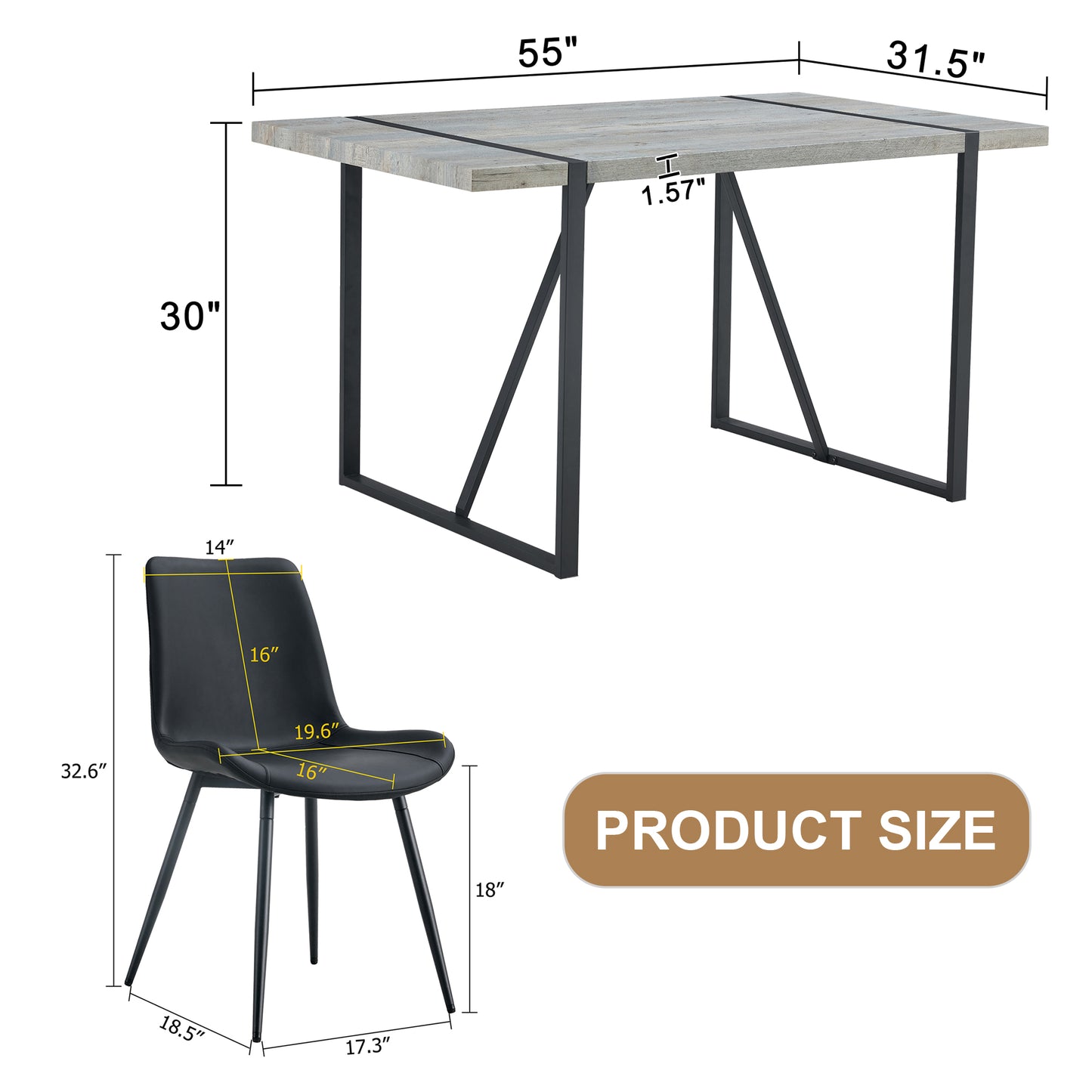 Gray wood grain dining table with black metal legs dimensions xx inches