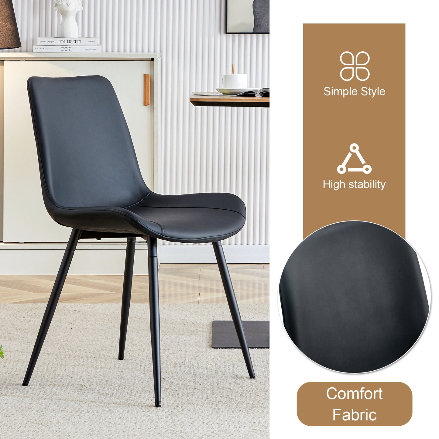 Black faux leather dining chair with black metal legs