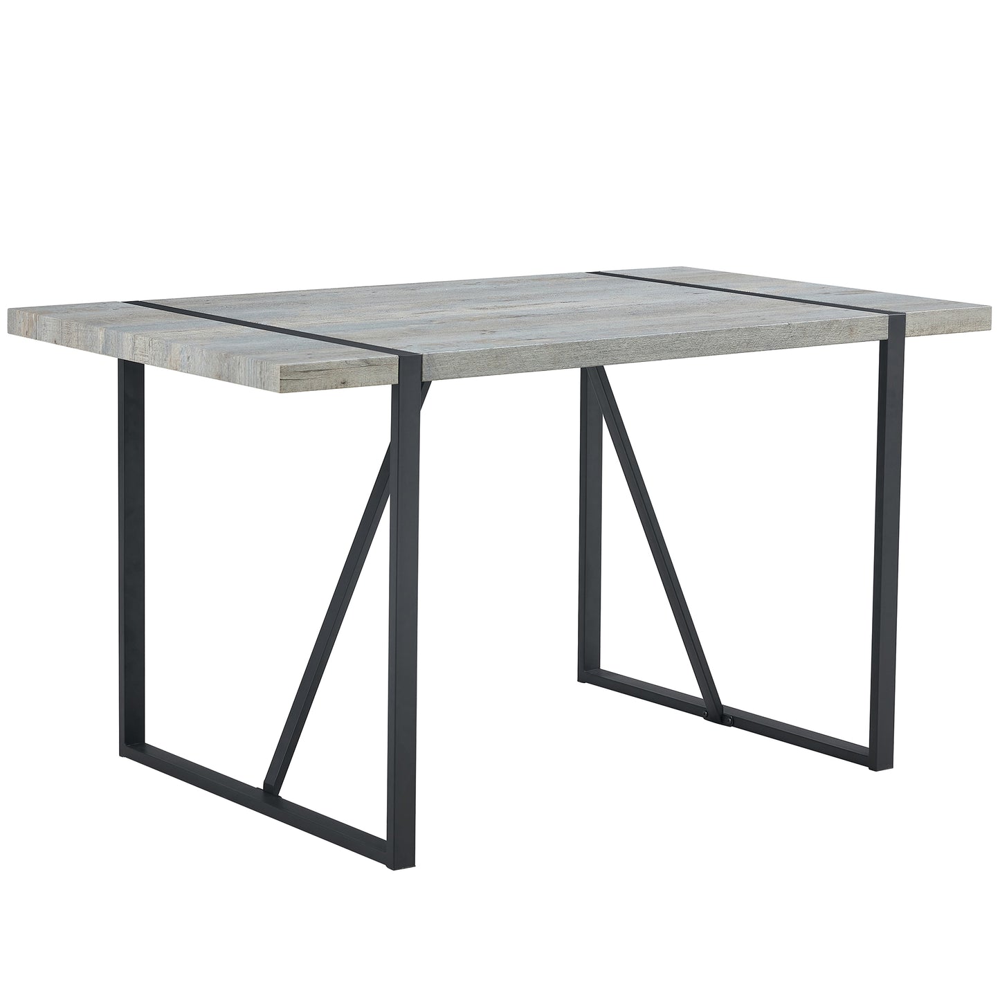 Rustic grey wood dining table with black metal legs and industrial design