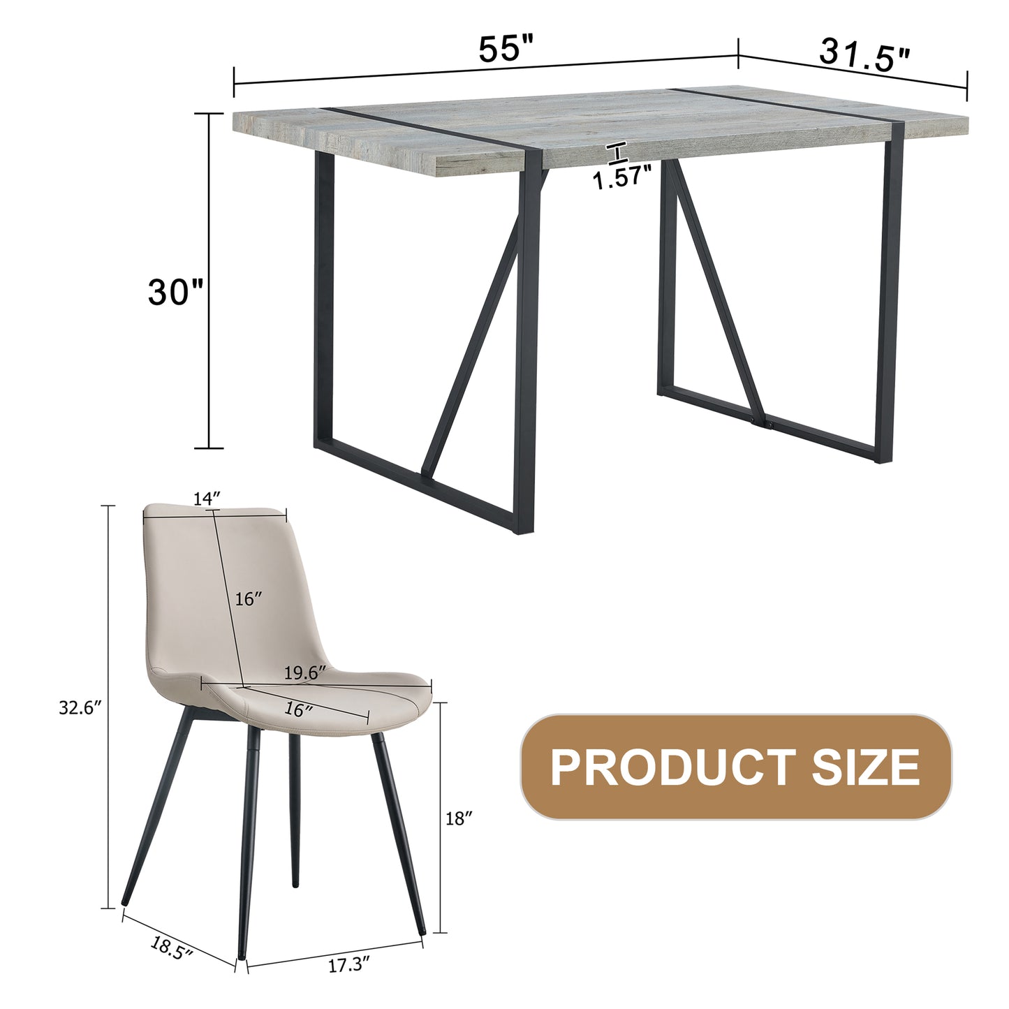 Modern dining table with weathered gray wood top and black metal legs L x W x H