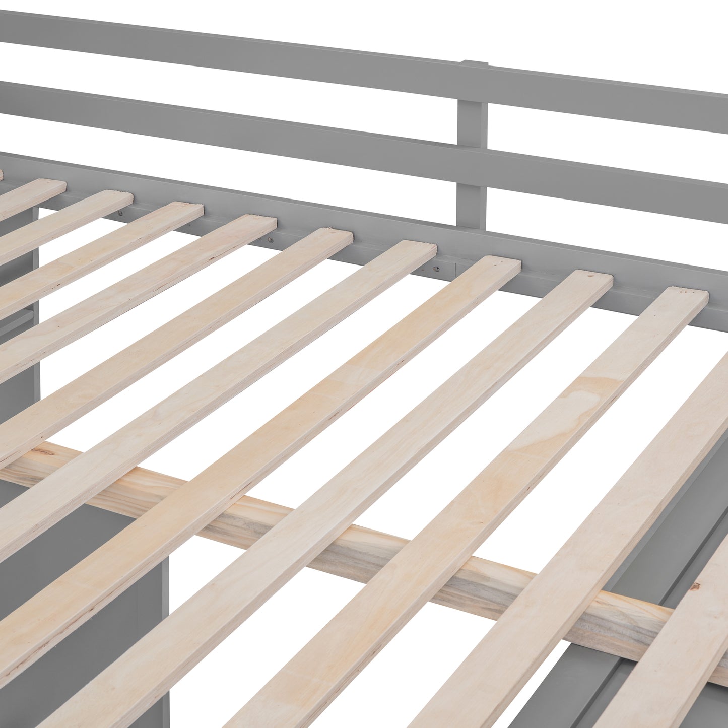 Gray wooden bed frame with natural wood slats for mattress support