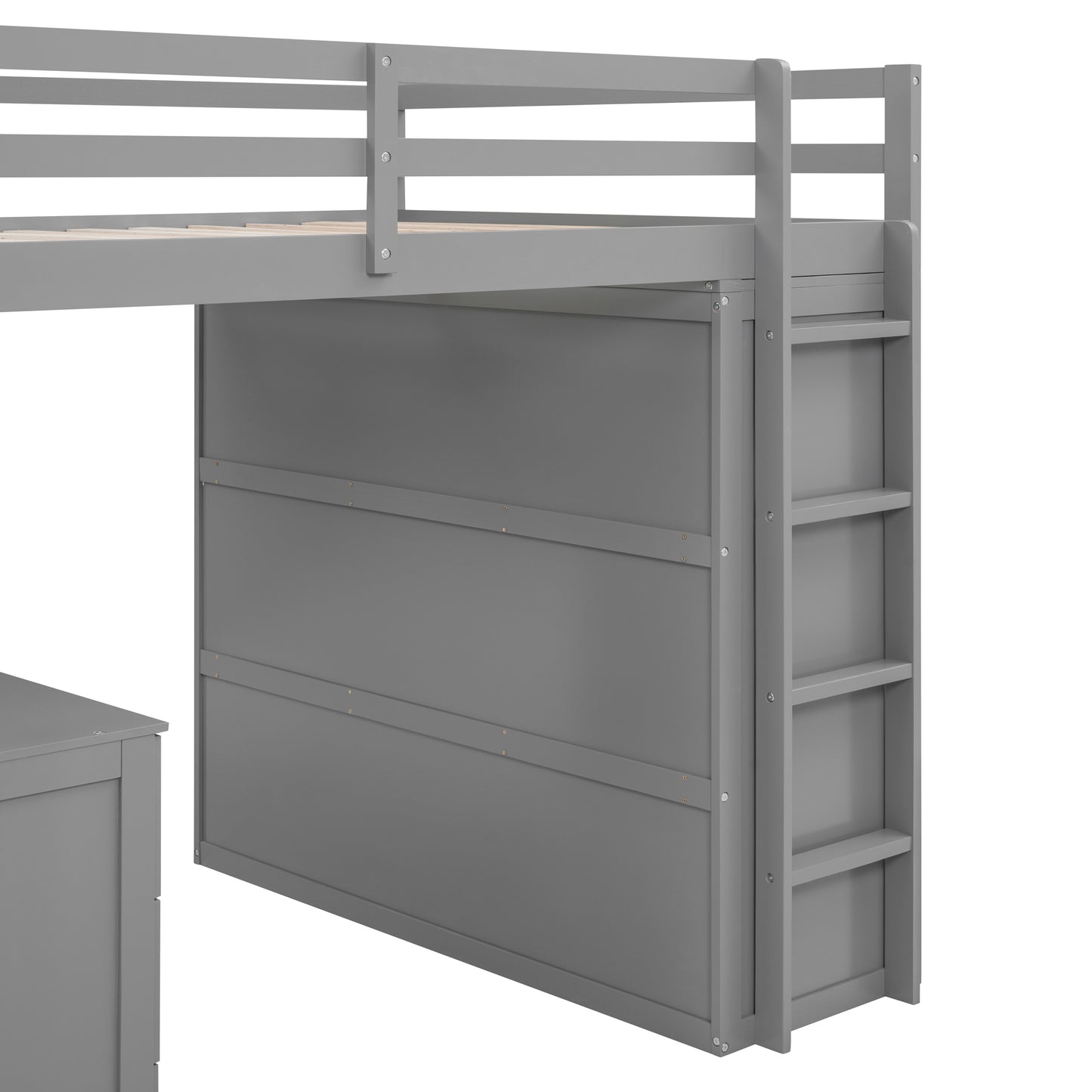Gray wooden loft bed with ladder and side panels