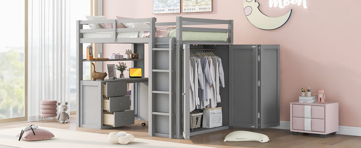 Grey wooden loft bed with integrated desk and closet