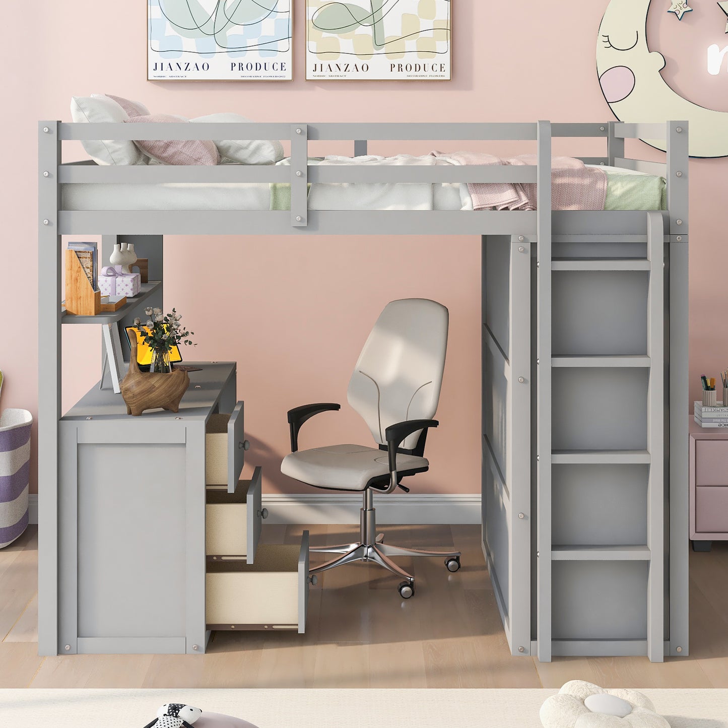 Gray loft bed with desk and shelves