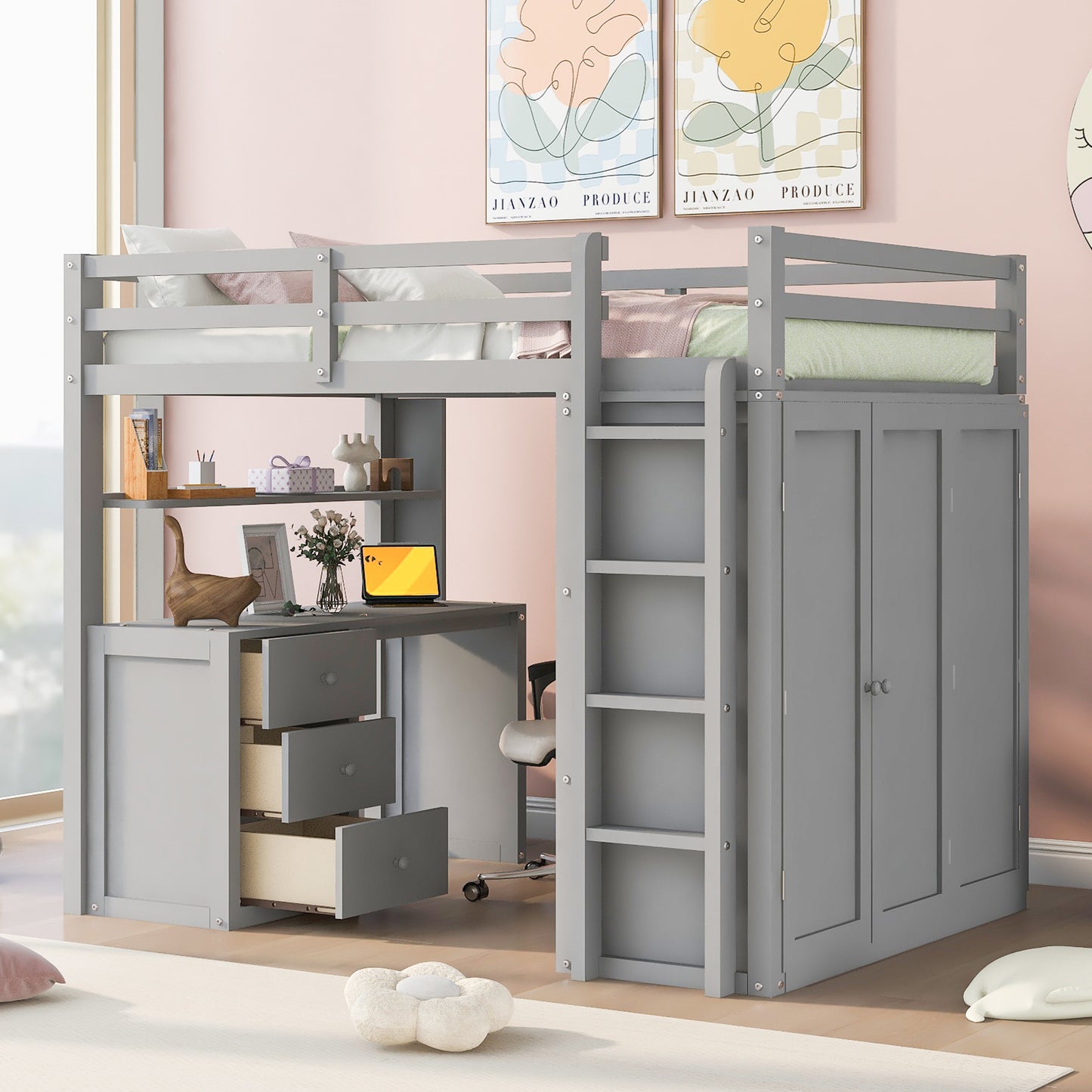 Gray loft bed with desk and wardrobe