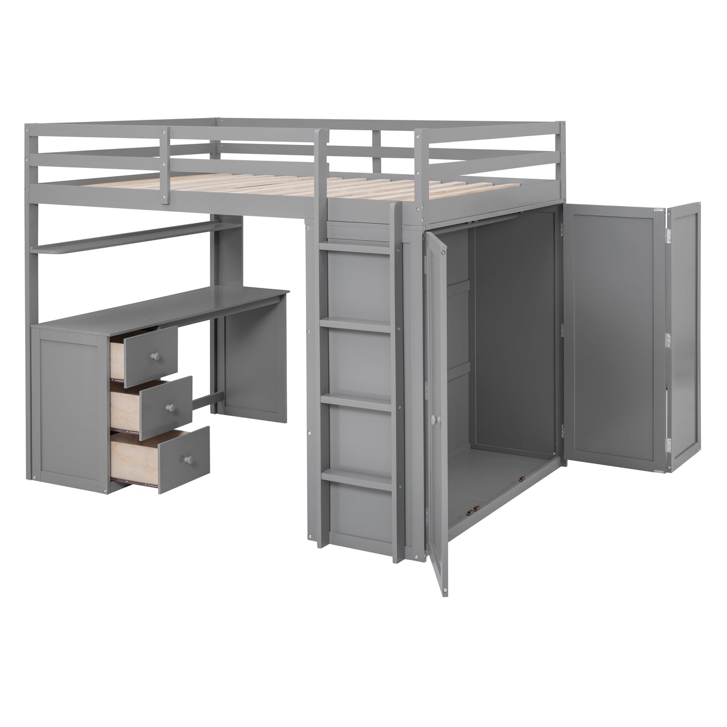 Gray loft bed with desk and storage