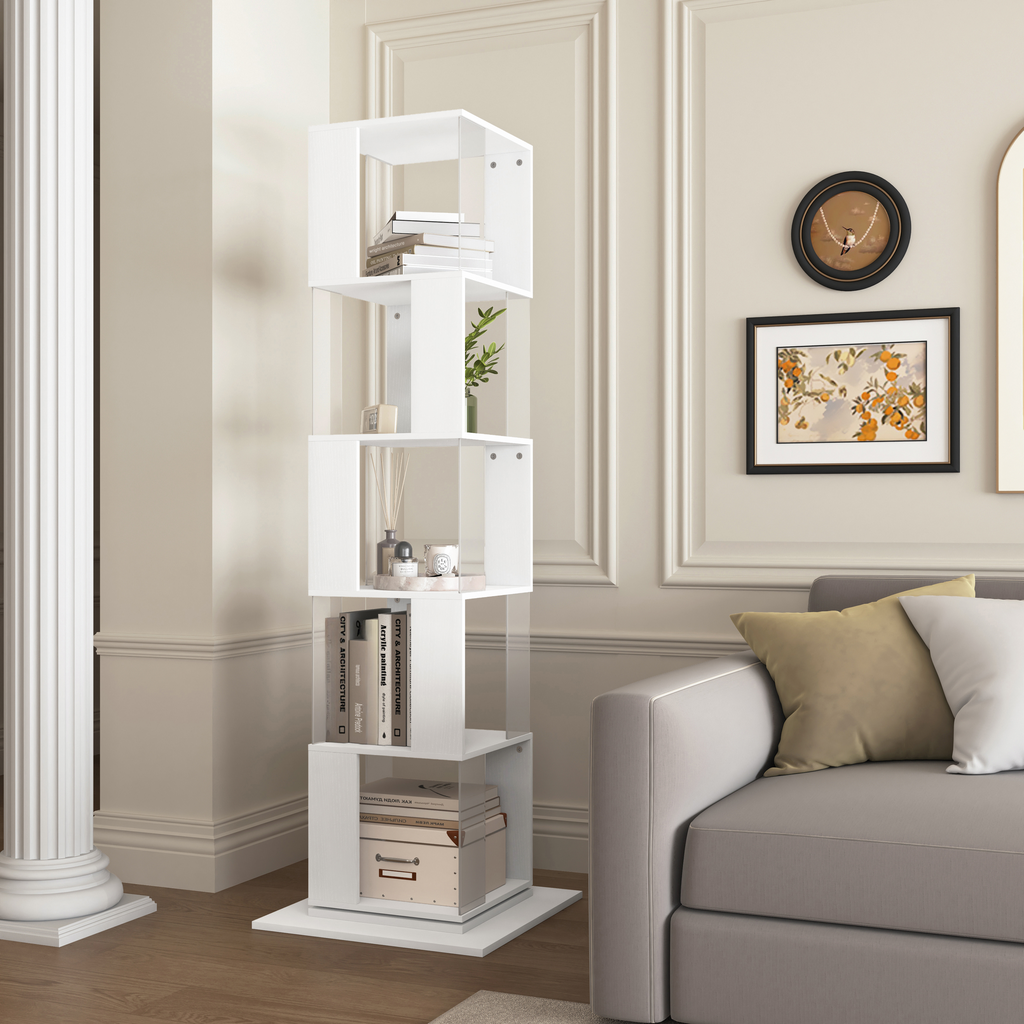 Modern white revolving bookshelf with open cubed shelves