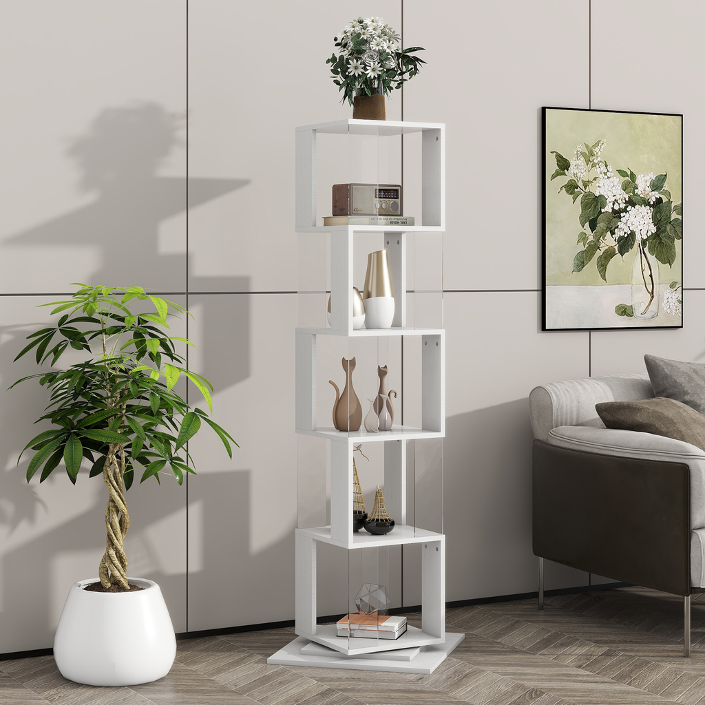 Modern white tier cube bookshelf with decorative items displayed
